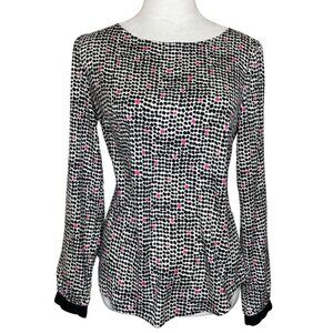 Ann Taylor Black White Abstract Long Button Sleeve Scoop Neck Size XS Luxe